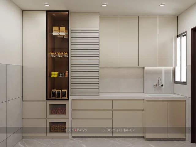 Handleless Beige Kitchen with Tall Pantry Unit
