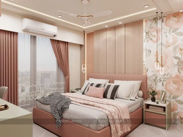 Blush Master Bedroom with Floral Wallpaper Wall