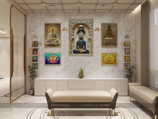 Pooja Room with Marble Deity Wall & Cushioned Bench