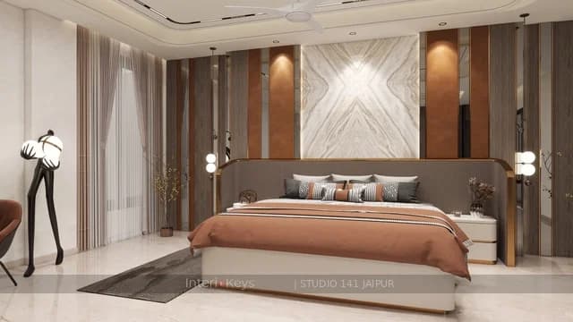Master Bedroom with Book-Match Marble Headboard Wall & Wood Panels
