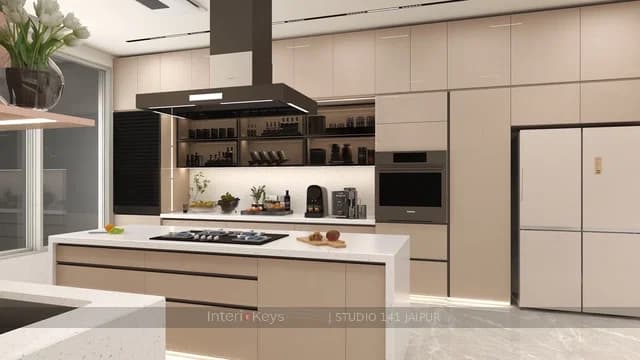 Island Kitchen with Glossy Beige Cabinets and Quartz Tops