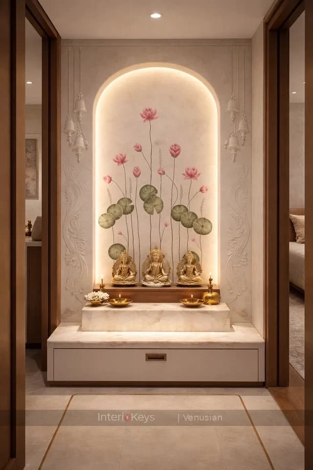 Pooja Room with Backlit Lotus Arch and Marble Altar