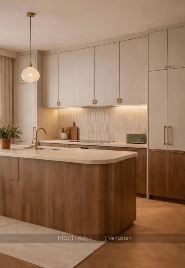 Kitchen with a Curved Wood Peninsula Island