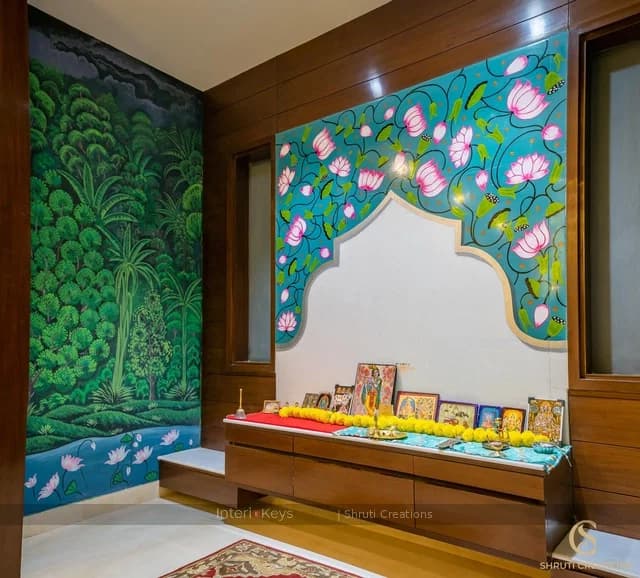 Pooja Room with Wooden Mandir and Lotus Mural
