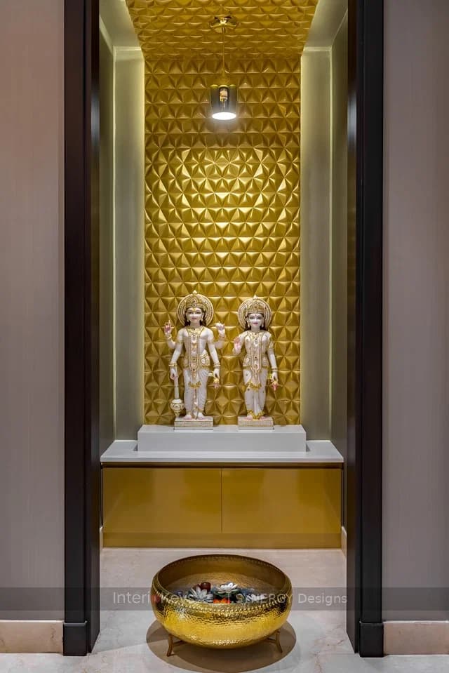 Pooja Room with Backlit Gold Textured Mandir Niche