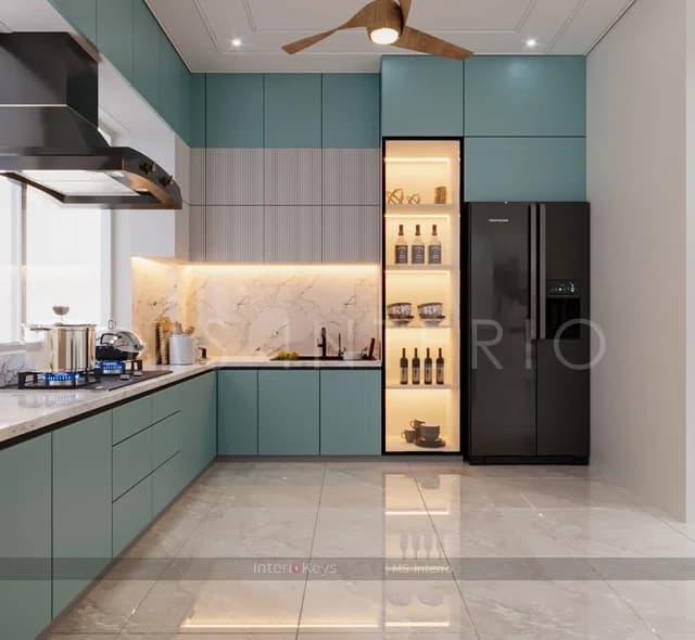 L-Shaped Teal Kitchen with Marble Counter and Wine Display