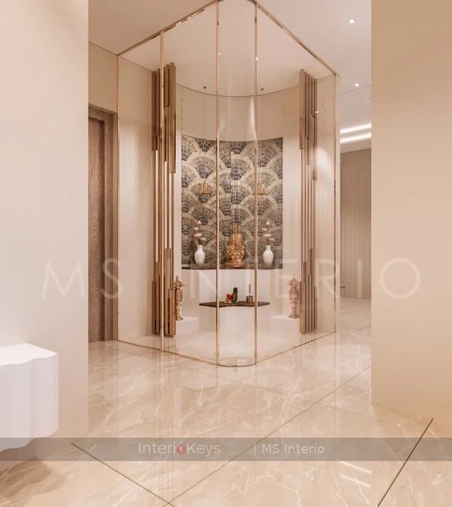 Pooja Room with Glass Enclosure and Brass Screen Pillars