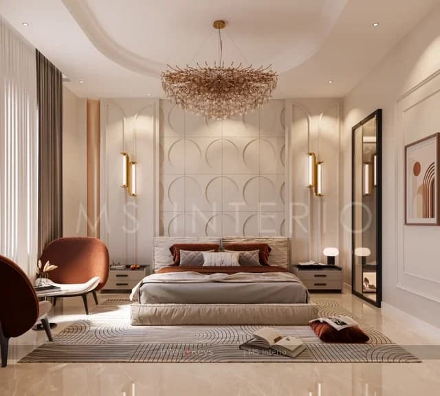 Master Bedroom with Branch Chandelier and Circle Panel Wall