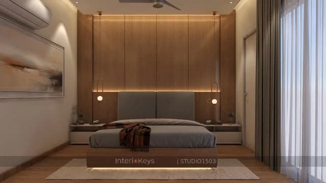 Master Bedroom with Wood-Panelled Headboard Wall