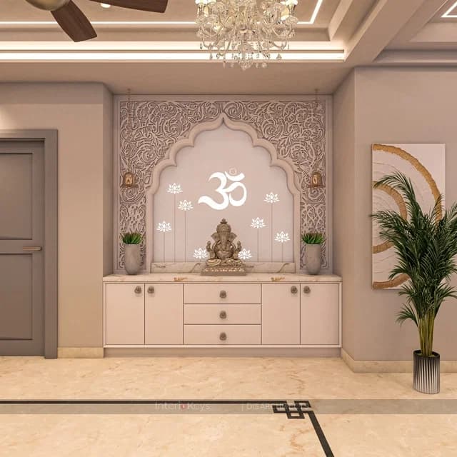 Pooja Room with Arched Mandir and Om Motif