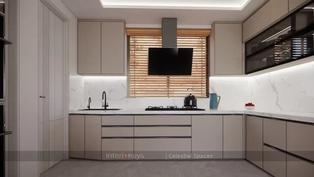 U-Shaped Kitchen With Marble Backsplash Run