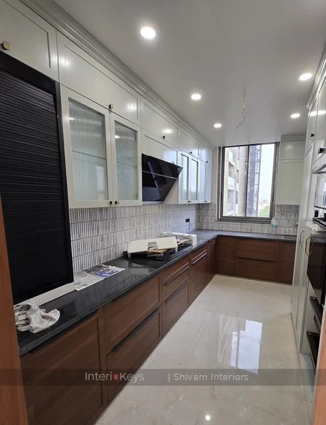 Parallel Kitchen with Wood Cabinets and Ribbed-Glass Fronts
