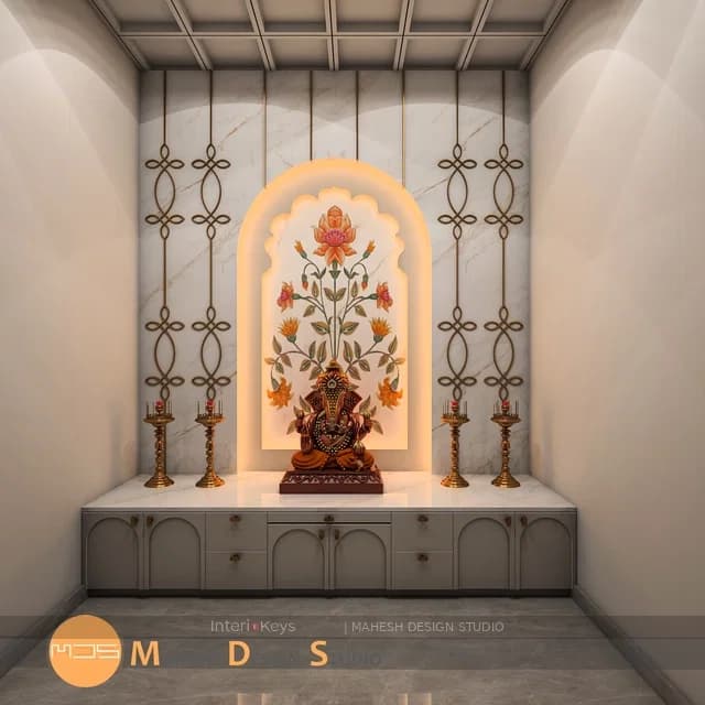 Pooja Room with Backlit Arched Marble Niche