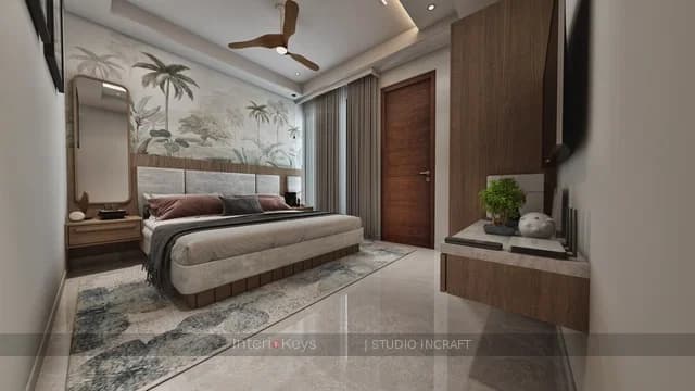 Master Bedroom with Tropical Wall Mural and Wood TV Wall