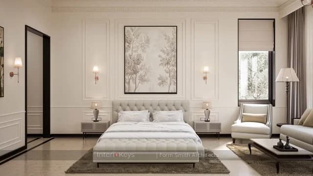 Spacious Master Bedroom with Tufted Bed and Lounge