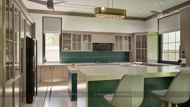 Modern-Classic Kitchen with Green Island and Marble Top