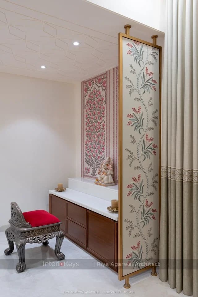 Pooja Room with Marble-Top Wooden Mandir Unit
