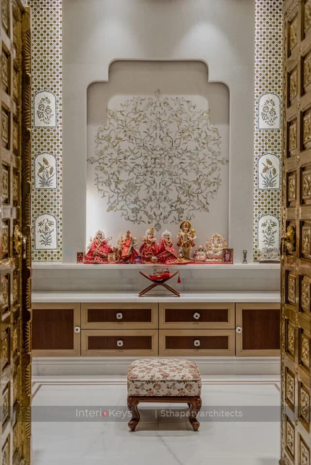 Marble Pooja Room with Tree-of-Life Inlay