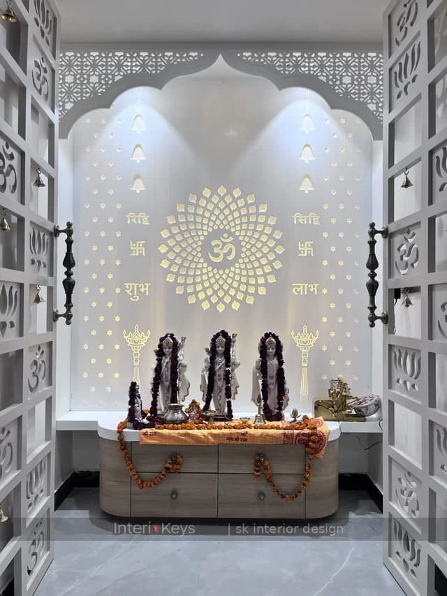 Pooja Room with Marble Mandir and Cut-Out Screens