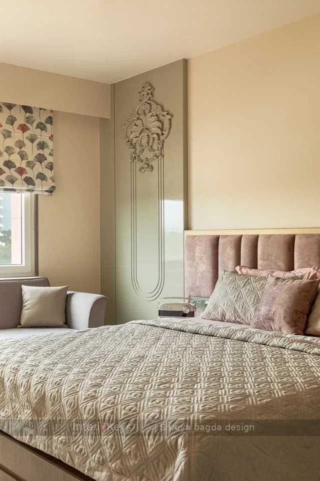 Master Bedroom with Sage Feature Wall and Pink Headboard