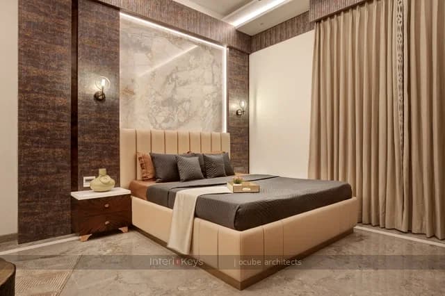 Master Bedroom with Panelled Headboard and Marble Wall