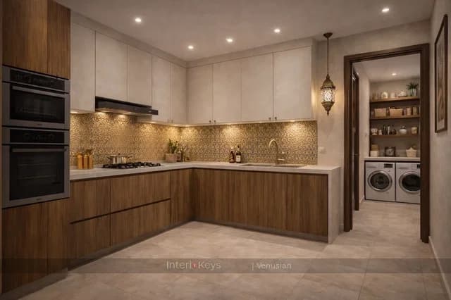 Moroccan L-Shaped Kitchen with Gold Mosaic Backsplash