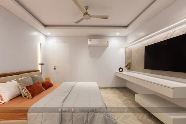 Master Bedroom with Wood Geometric TV Wall
