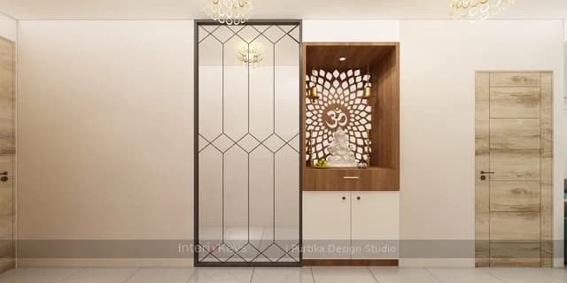 Pooja Room With Backlit Om Panel and Wood Mandir