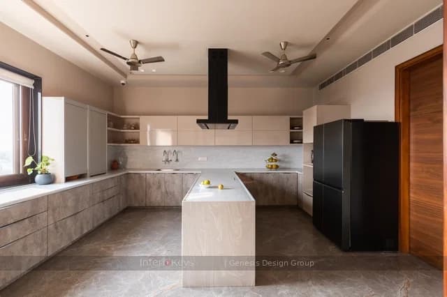 U-Shaped Kitchen with Island and Marble-Look Counters