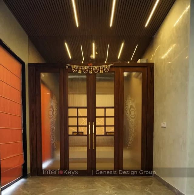 Pooja Room with Etched Glass Doors and Ribbed Ceiling
