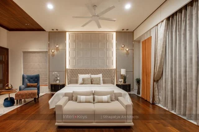Master Bedroom with Tufted Headboard and Big Windows