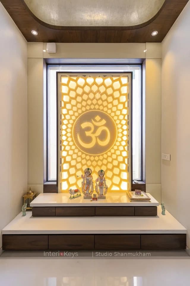 Pooja Room with Backlit Om Panel and Marble Altar
