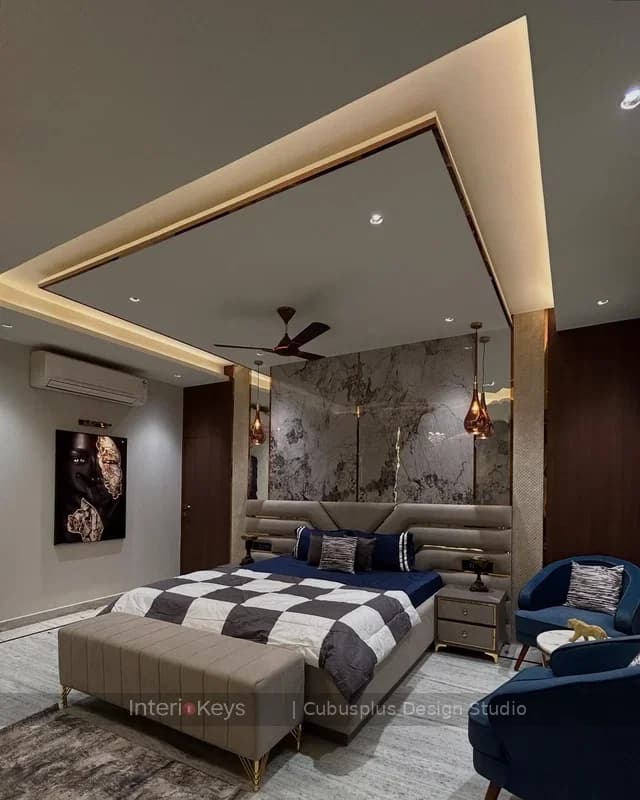 Modern Master Bedroom with Marble Headboard Wall