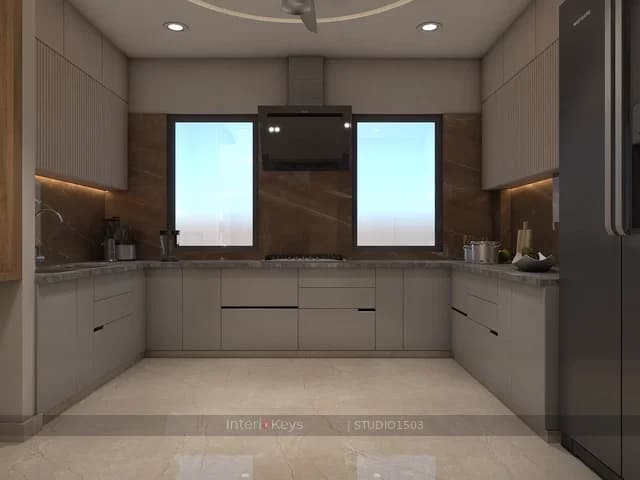 U-Shaped Kitchen with Marble Backsplash and Chimney
