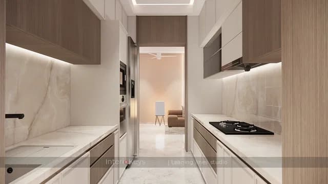 Parallel Kitchen with Onyx Backsplash and Wood-Grain Cabinets