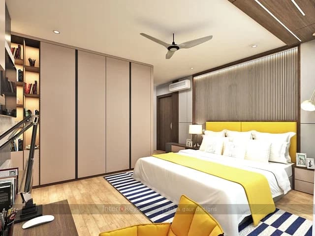 Master Bedroom with Yellow Headboard and Study Nook