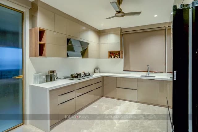 L-shaped Kitchen with Greige Gloss Cabinets