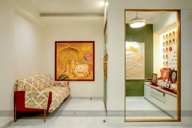 Pooja Room with Marble Altar and Backlit Shloka Wall