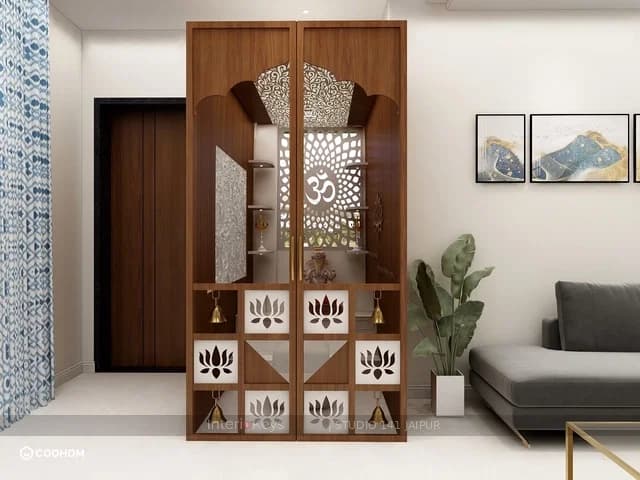 Pooja Room with Wood Mandir and Backlit Panel