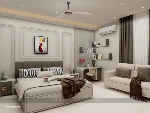 Master Bedroom with Grey Bed and Panelled Wall