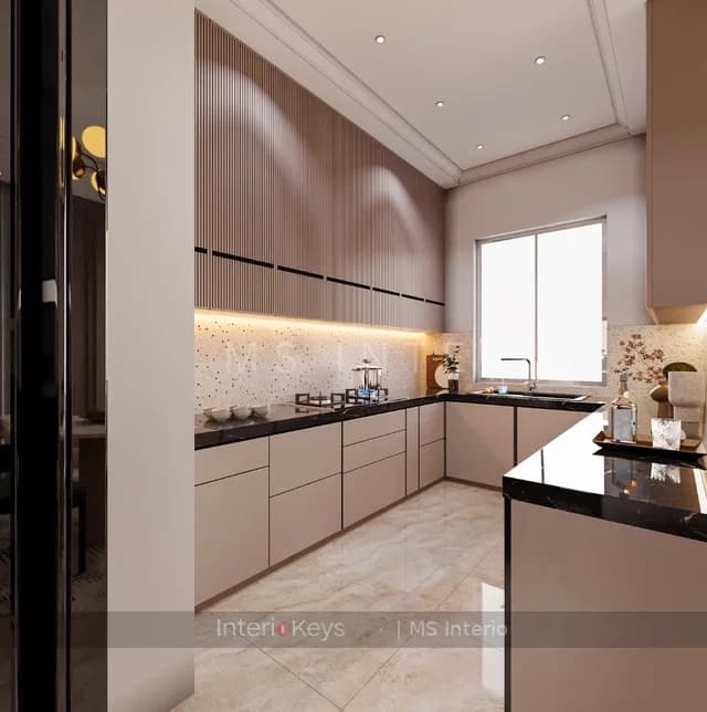 Modern L-shaped Kitchen with Black Stone Counter