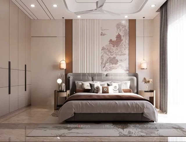Modern Master Bedroom with Scenic Mural Wall