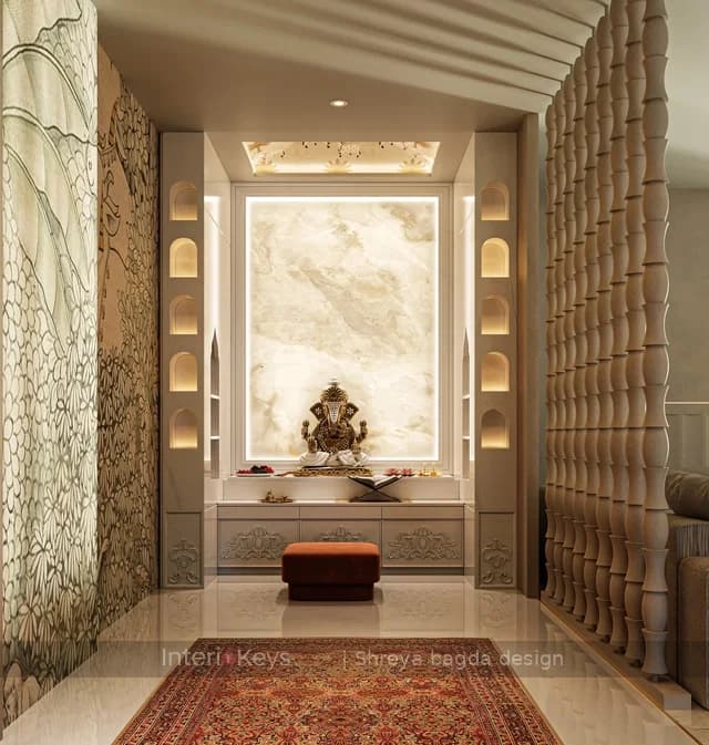 Pooja Room with Backlit Onyx Mandir and Arched Niches