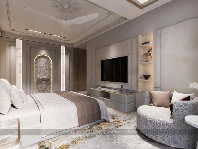 Master Bedroom with Arched Niche and Marble TV Wall