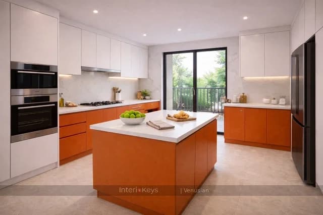 Kitchen with Burnt-Orange Island and White Cabinets