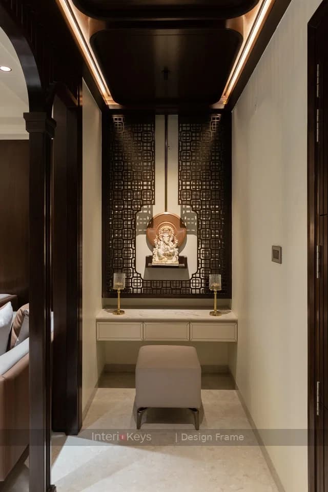 Pooja Room with Marble Mandir and Cut-Out Panel