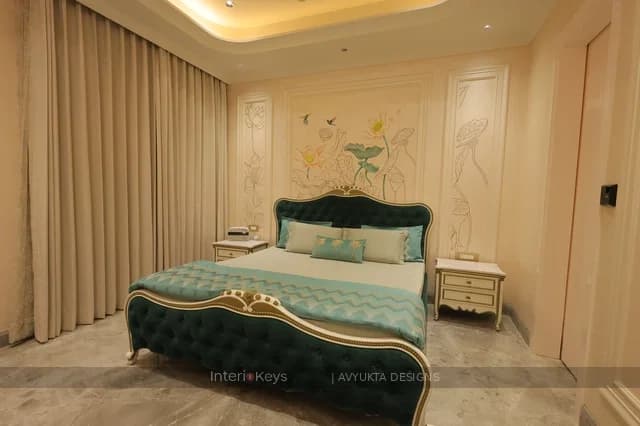 Royal Master Bedroom with Green Bed and Lotus Mural