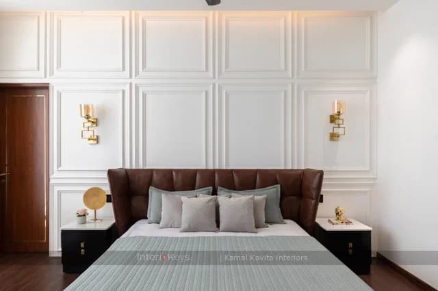 Master Bedroom with Panelled Wall and Leather Headboard