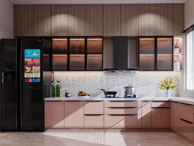 L-Shaped Kitchen with Blush Pink Cabinets