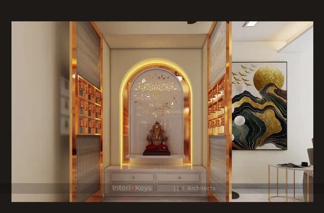 Pooja Room with Backlit Arch and Marble Altar